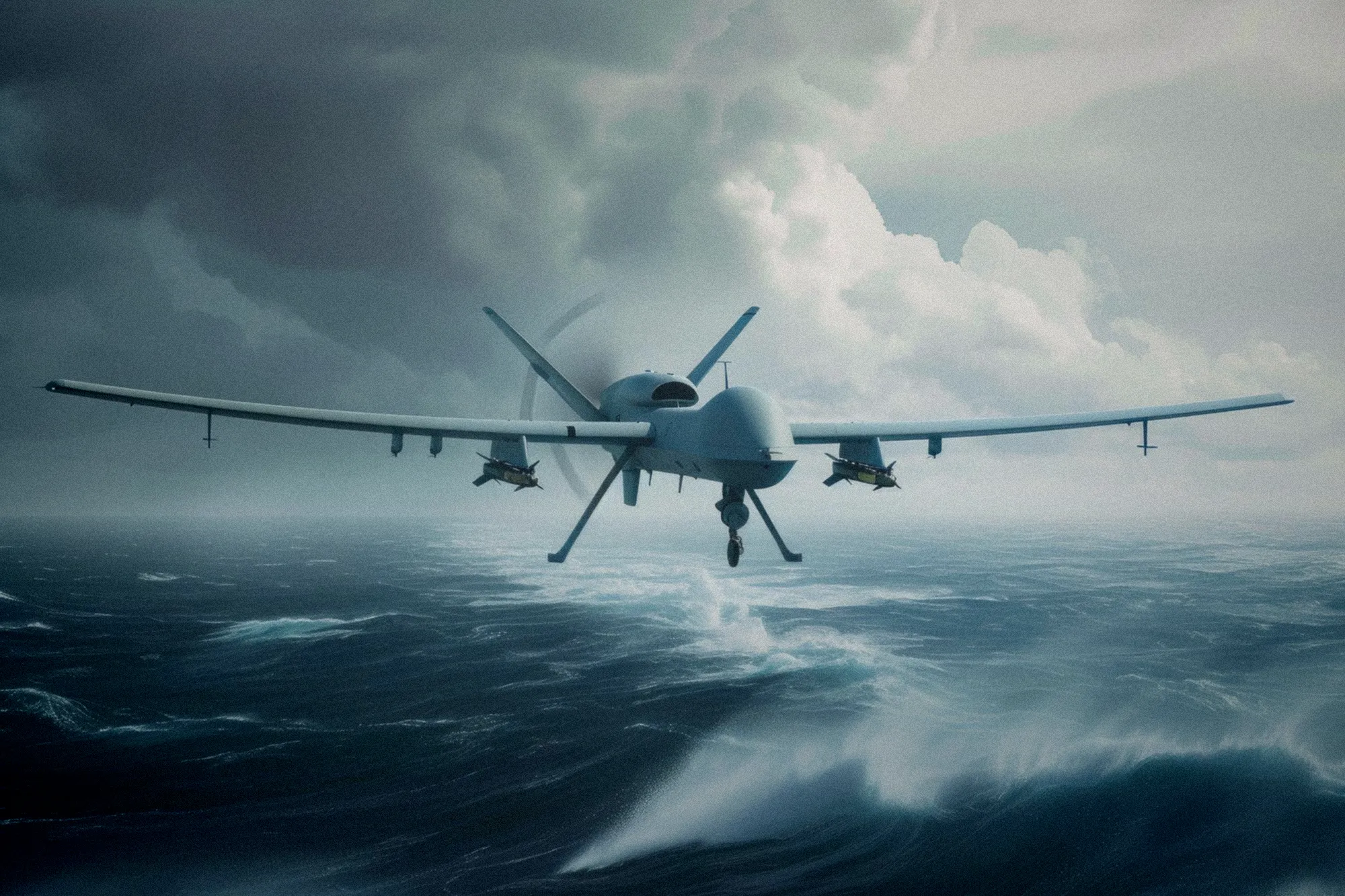 Drone maritime de surveillance survolant l'océan avec capteurs détectant bâtiments en mer