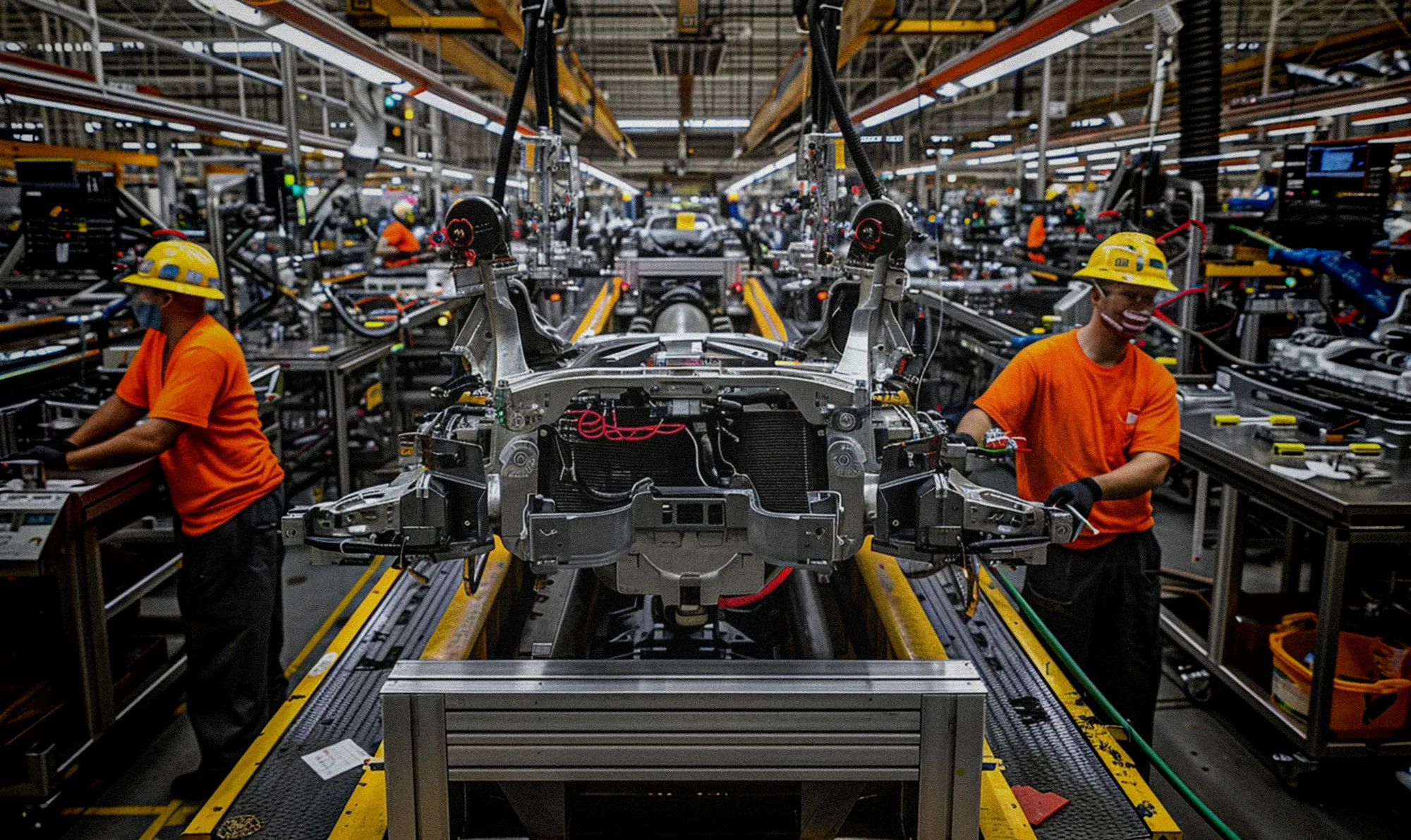 Chaîne de montage automobile avec ouvriers assemblant des véhicules en usine