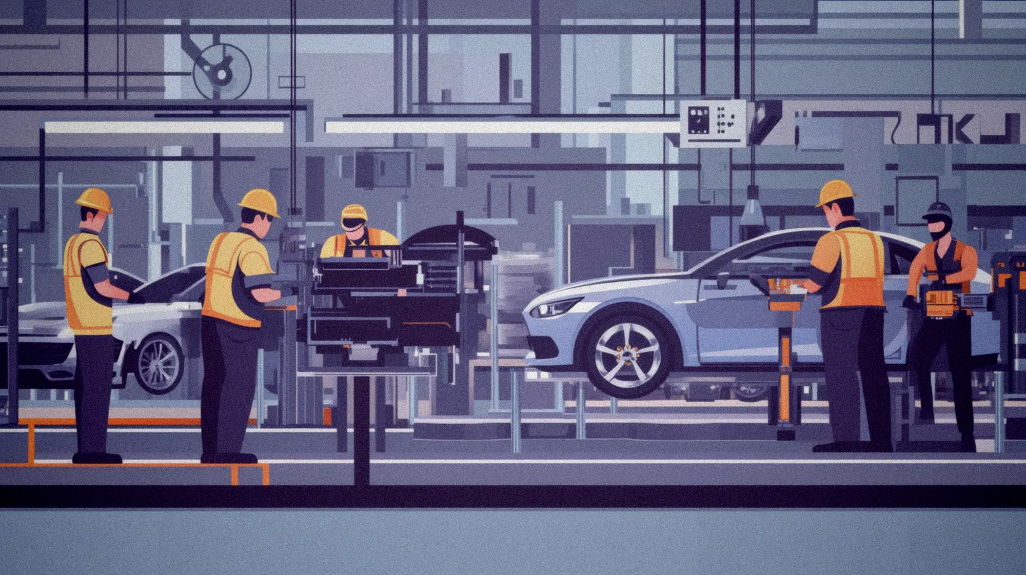 Chaîne de montage automobile avec ouvriers assemblant des véhicules en usine