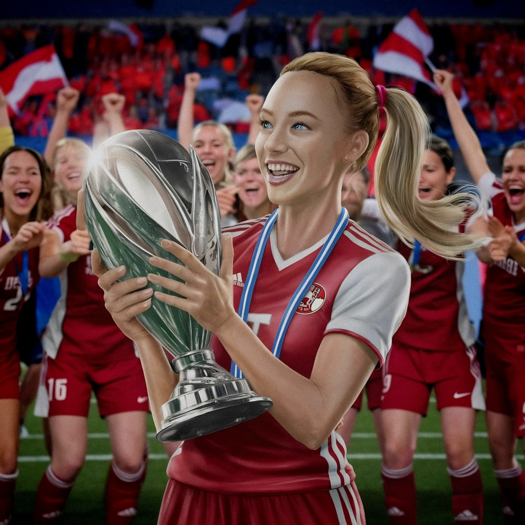 Joueuses célébrant leur victoire en finale de coupe avec le ballon et le trophée
