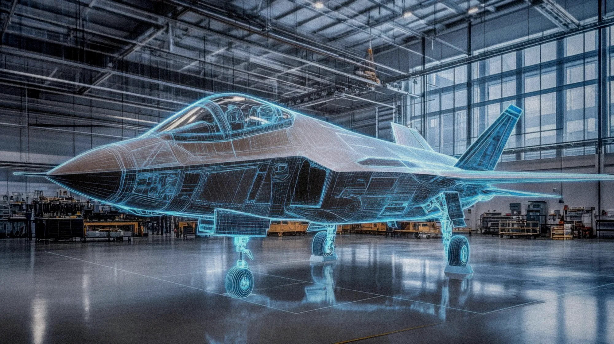 Ingénieur examinent des plans de fuselage d'avion moderne dans un atelier