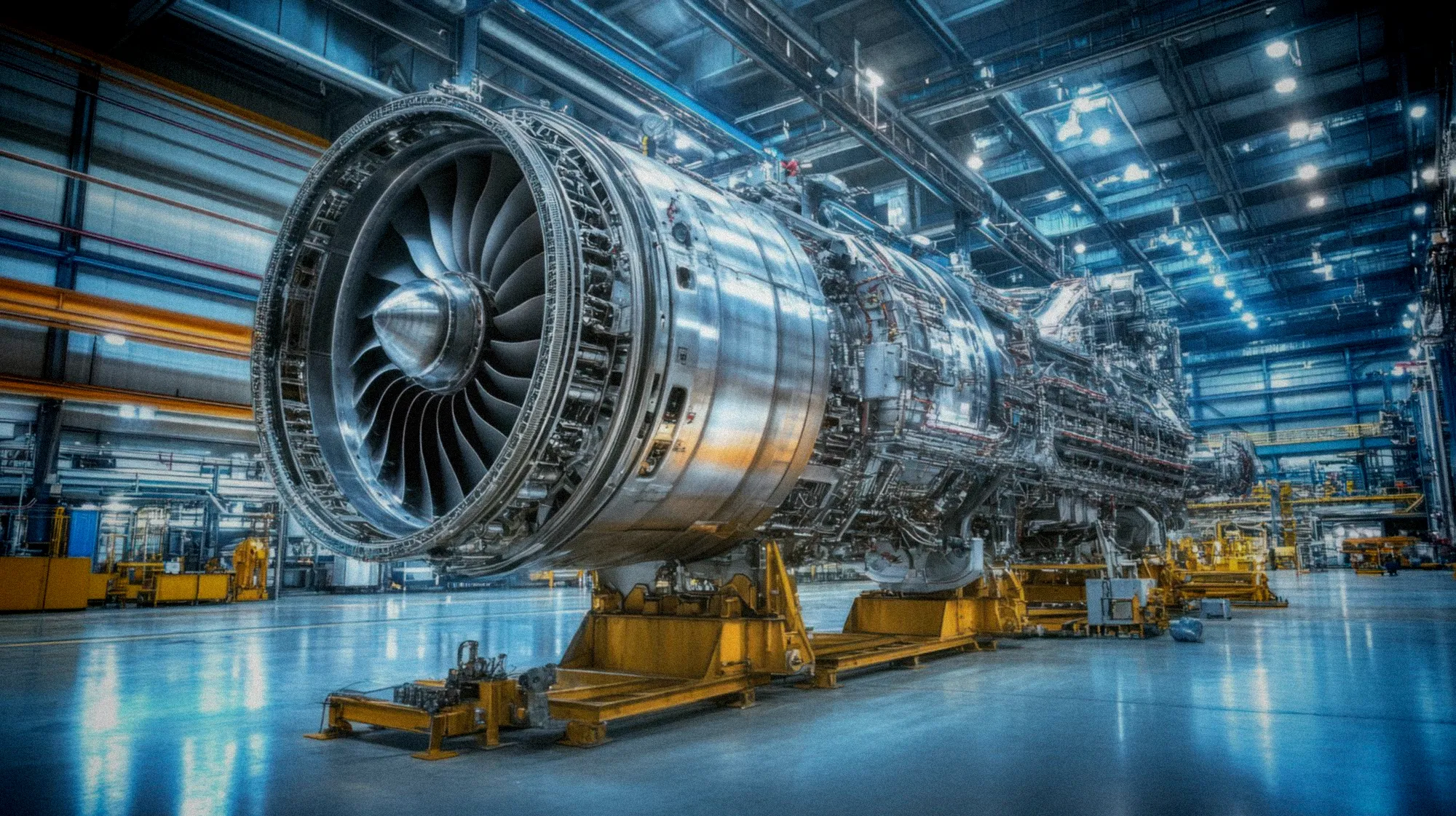 Usine de moteurs aéronautiques en pleine production avec techniciens supervisant l'assemblage des composants LEAP