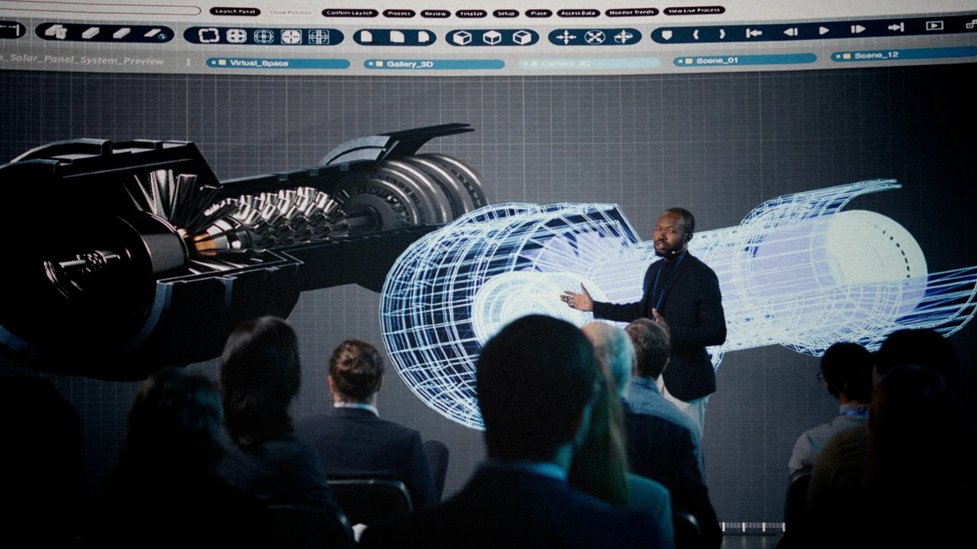 Stands technologiques futuristes avec visiteurs discutant autour d'écrans numériques brillants