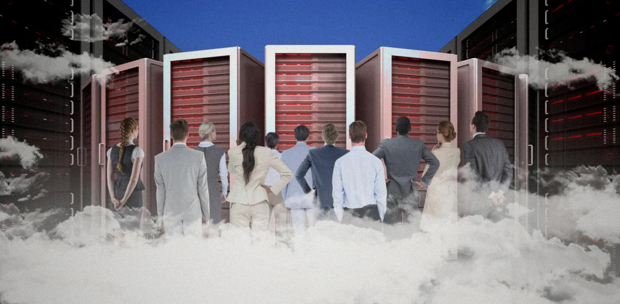 Des serveurs informatiques massifs alignés dans une salle climatisée futuriste aux murs métallisés