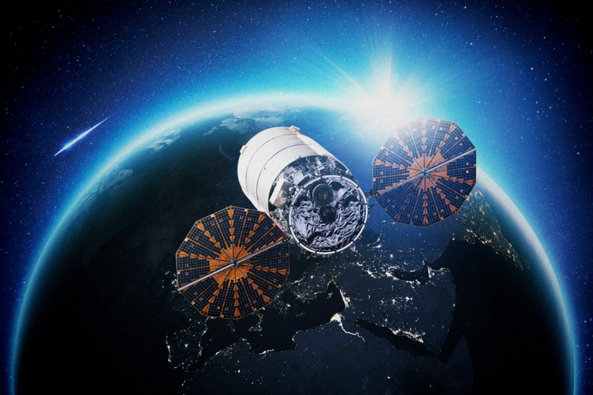 Satellite géostationnaire en orbite transmettant signaux vers quatre régions du Moyen-Orient