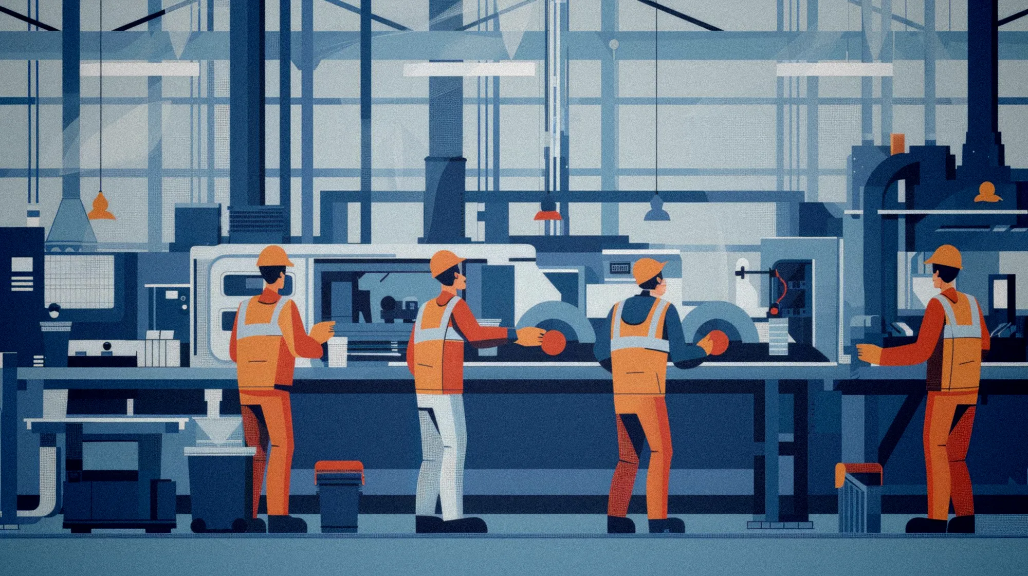 Usine moderne en reconstruction avec ouvriers et machines dans le Grand Est français