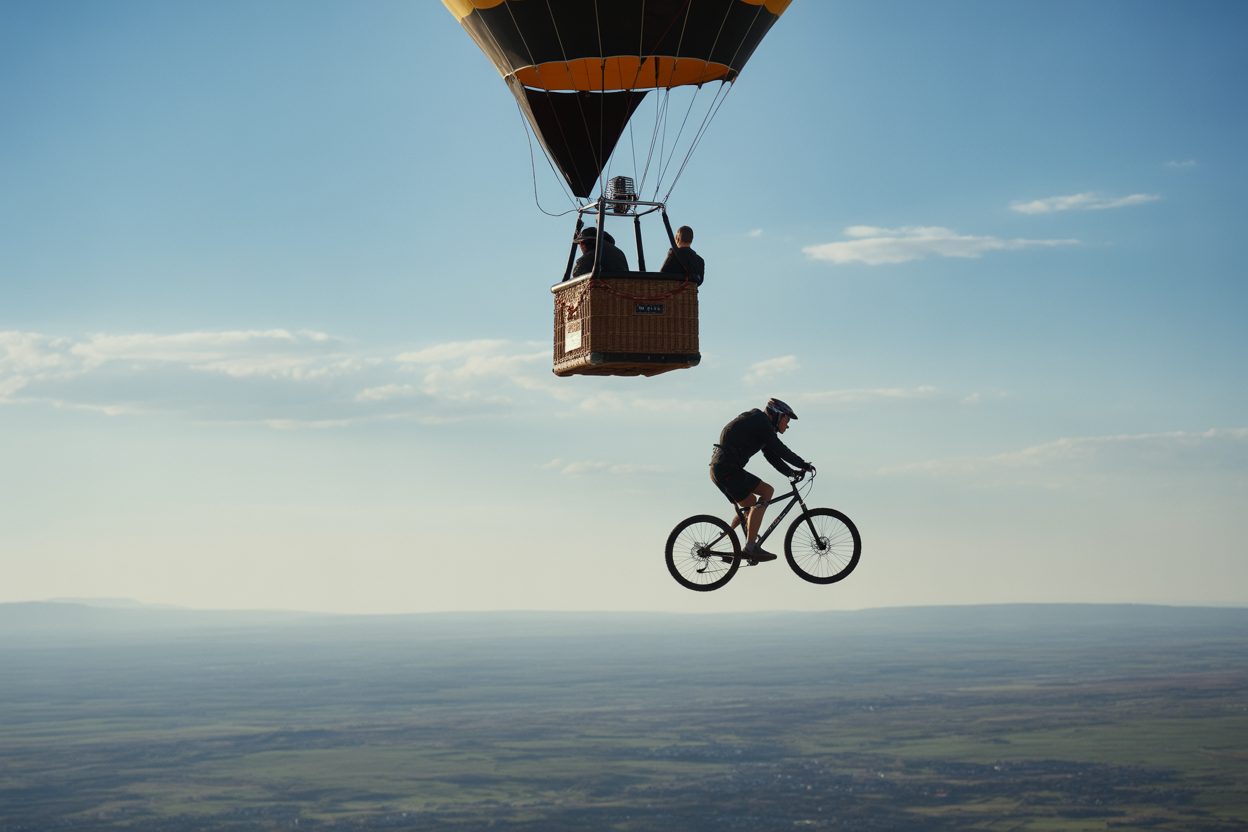 Elias Schwärzler saute d'une montgolfière à 950 mètres sur son VTT : deux ans de préparation, aucune sécurité au détachage
