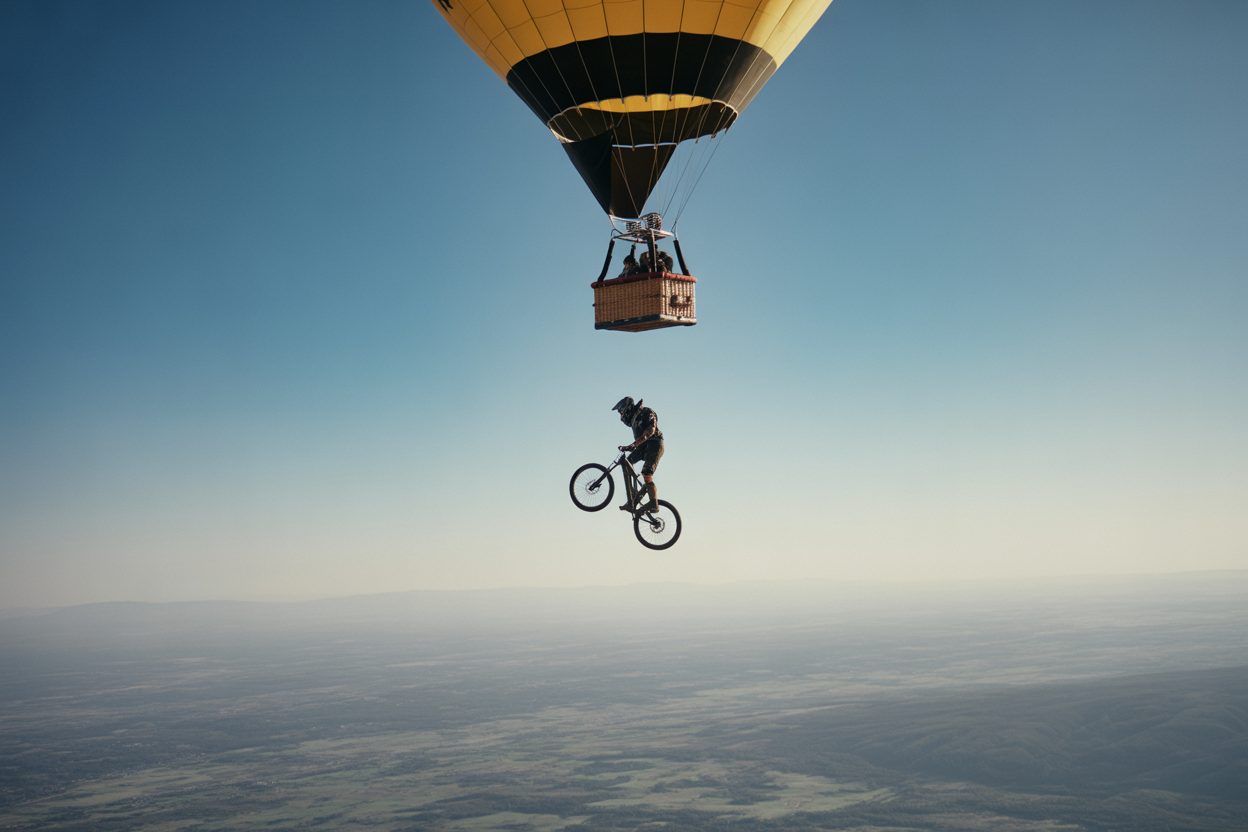 Elias Schwärzler saute en VTT d'une montgolfière à 950 mètres, parachute, double salto et deux ans de prépa