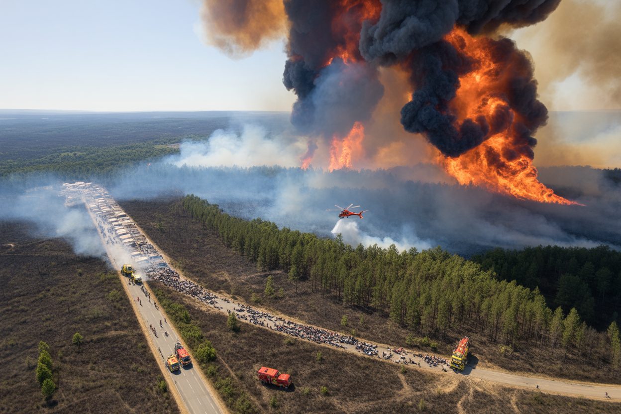 Face à l'incendie qui dévore 10 000 hectares en Gironde, Macron active le mécanisme européen et 40 000 personnes évacuent le Cap-Ferret Face à l'incendie qui dévore 10 000 hectares en Gironde, Macron active le mécanisme européen et 40 000 personnes évacuent le Cap-Ferret