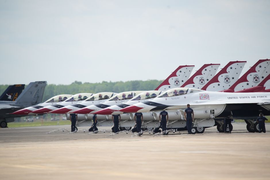 A striking lineup of US Air Force Thunderbirds jets at an airshow in Hampton, Virginia.