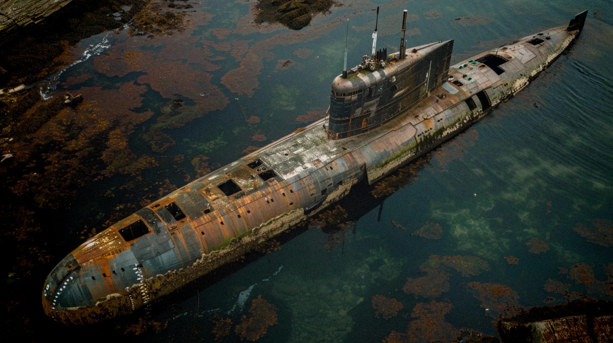 Chantier naval avec sous-marins et navires militaires en construction simultanée