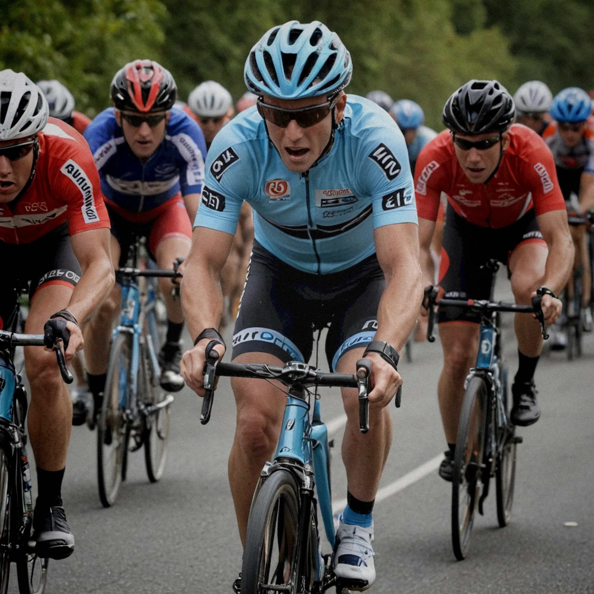 Cycliste en maillot jaune franchissant un col alpin sous un ciel dégagé, peloton étendu derrière