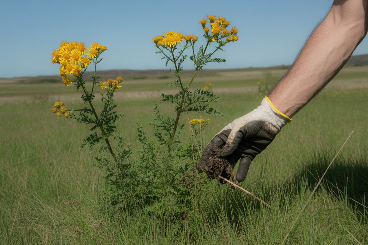 150 000 graines par pied : à Saint-Pierre, l'arrachage du séneçon jacobée relancé avant qu'il ne sème Plante invasive aux fleurs jaunes regroupées, saisie à la main pour son arrachage dans un terrain herbeux