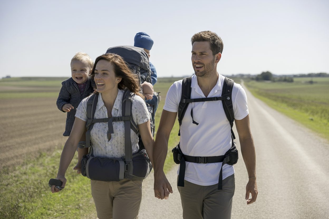 320 kilomètres à pied dans le Jura avec leur fille de 18 mois : le défi fou d'une famille de Saint-Malo Famille en marche à pied sur un chemin rural, enfant en bas âge porté dans un système de transport adapté
