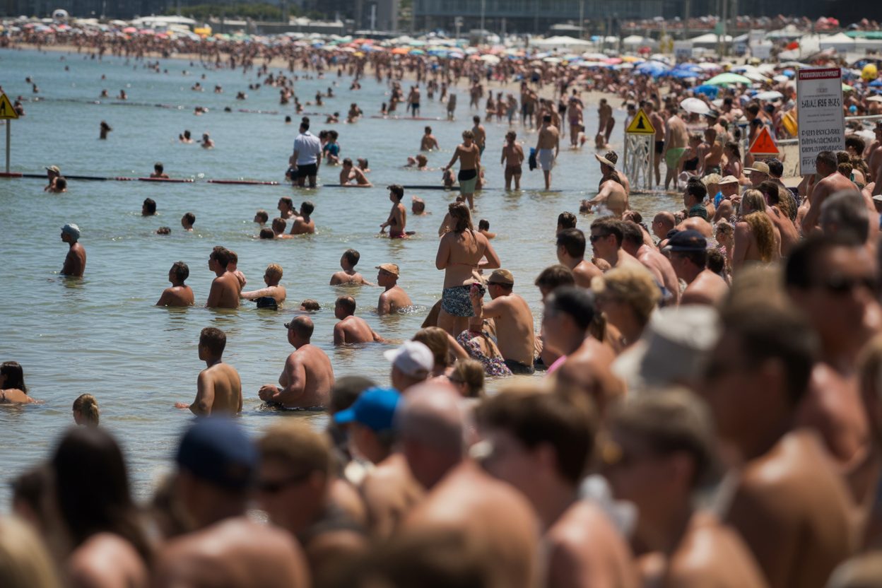 353 plages déconseillées en France : la Bretagne touchée par la pollution fécale Plage bondée en période estivale avec baigneurs et vacanciers profitant du littoral