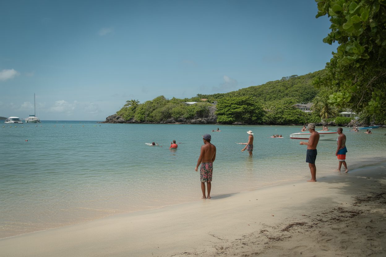 Plage tropicale aux eaux turquoise et sable blanc, bordée de végétation luxuriante