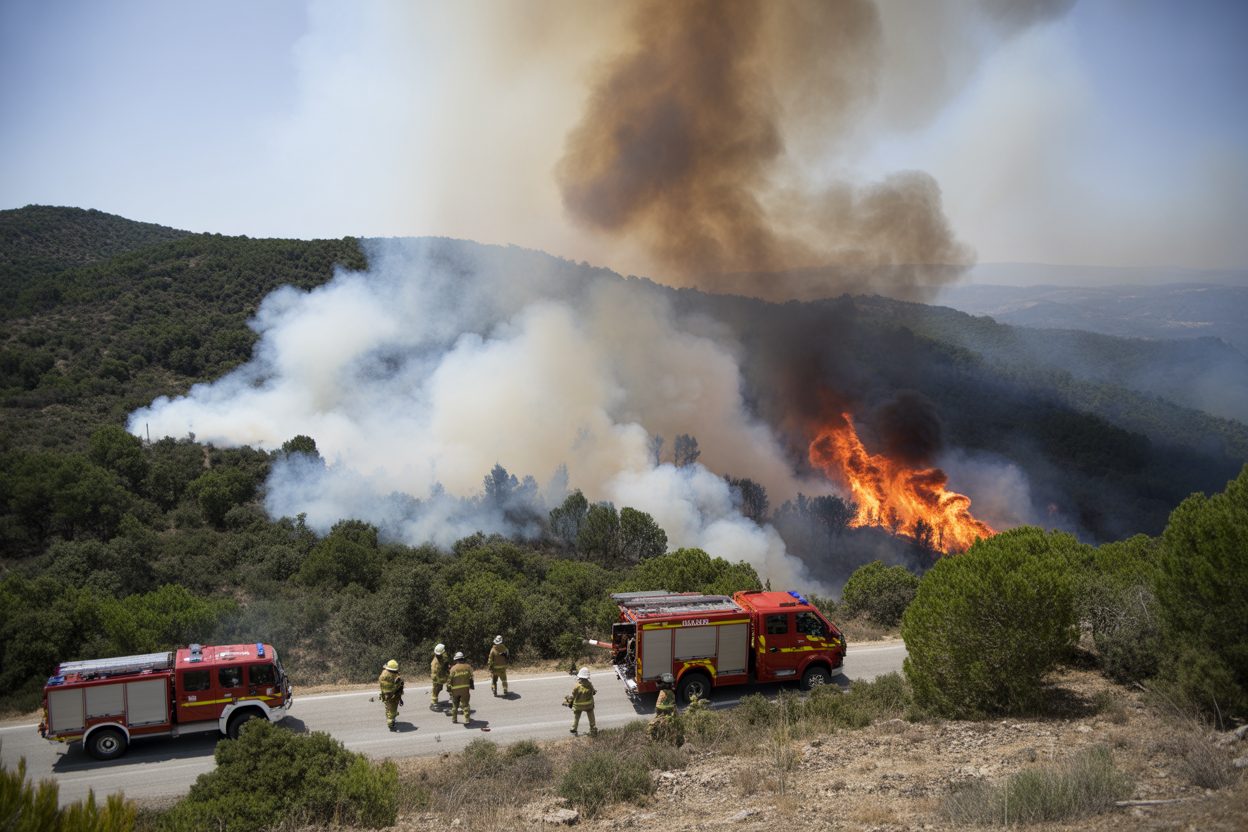 5 incendies en 48 heures en Haute-Corse : la foudre frappe Olmi-Cappella, Corte et Albertacce Pompiers en intervention face à un incendie de forêt en zone montagneuse méditerranéenne