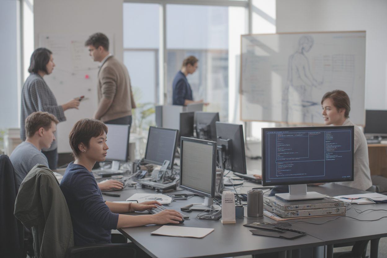 IA en France : 1 114 startups recensées en 2026, Mistral AI à 11,7 milliards, Emilabs lève 900 millions Équipe de développeurs travaillant dans un bureau technologique moderne et collaboratif