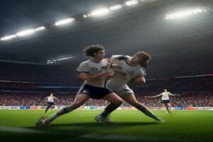 Joueurs en action lors d'un match de football professionnel en stade