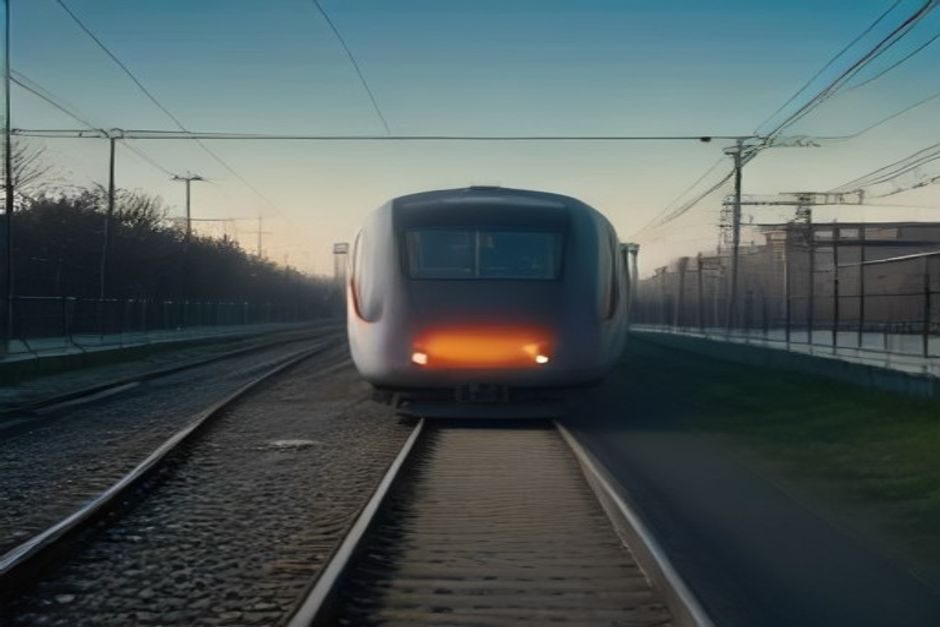 Train circulant sur des voies ferrées modernes équipées de lignes aériennes