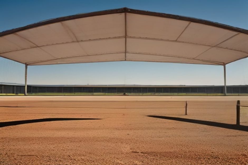 Terrain de football desséché avec herbe brûlée et sol fissuré par manque d'eau
