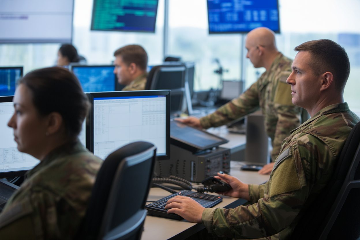 Thales transforme le réarmement en trésorerie : +1,87 milliard d'euros au S1, RBC vise 330 euros Centre de contrôle militaire avec écrans de surveillance et agents en uniforme tactique
