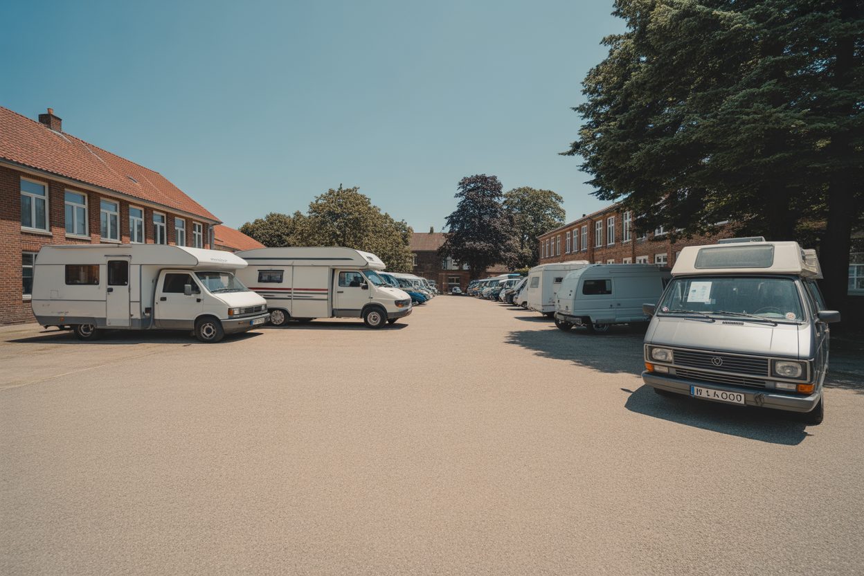 À 12 € la nuit, six écoles normandes ouvrent leur cour aux camping-cars : « C'est l'idéal pour stationner en ville » Camping-cars stationnés dans une cour d'école aménagée en aire de parking estivale