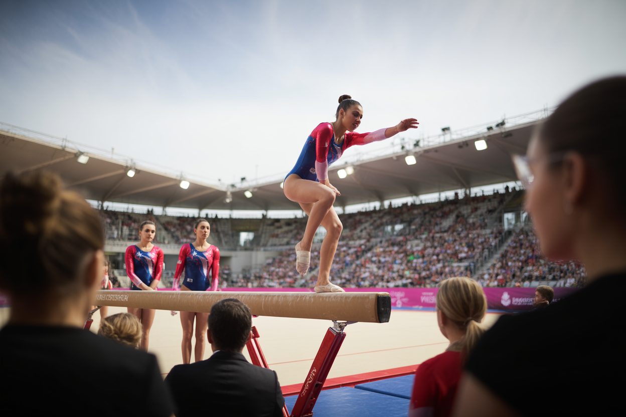 À 16 ans, Elena Colas décroche quatre médailles à l'Euro de gymnastique, dont l'or à la poutre et le bronze par équipes Gymnaste en leotard executant un exercice sur la poutre lors d'une competition de championnat europeen