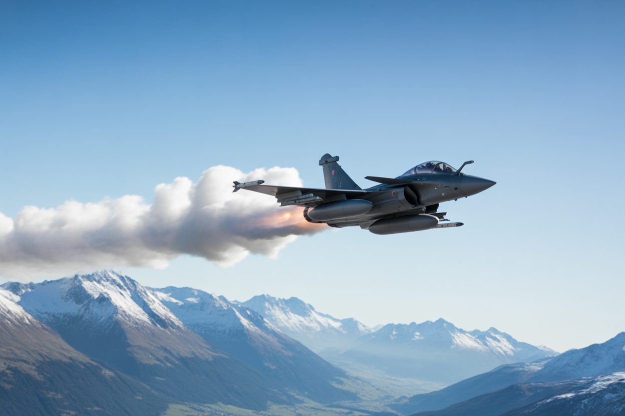 À Courchevel, le Rafale Solo Display vole au-dessus des tremplins : deux jours de compétition, des démonstrations aériennes et trois Français dans les points Avion de chasse en vol à basse altitude au-dessus d'un paysage montagneux enneigé