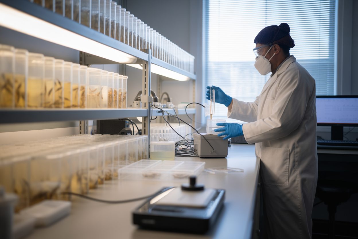 À Singapour, robots piégeurs, élevages de mâles stériles et 5 millions de moustiques lâchés par semaine contre la dengue Technicien en équipement de protection inspectant des conteneurs d'élevage d'insectes en laboratoire