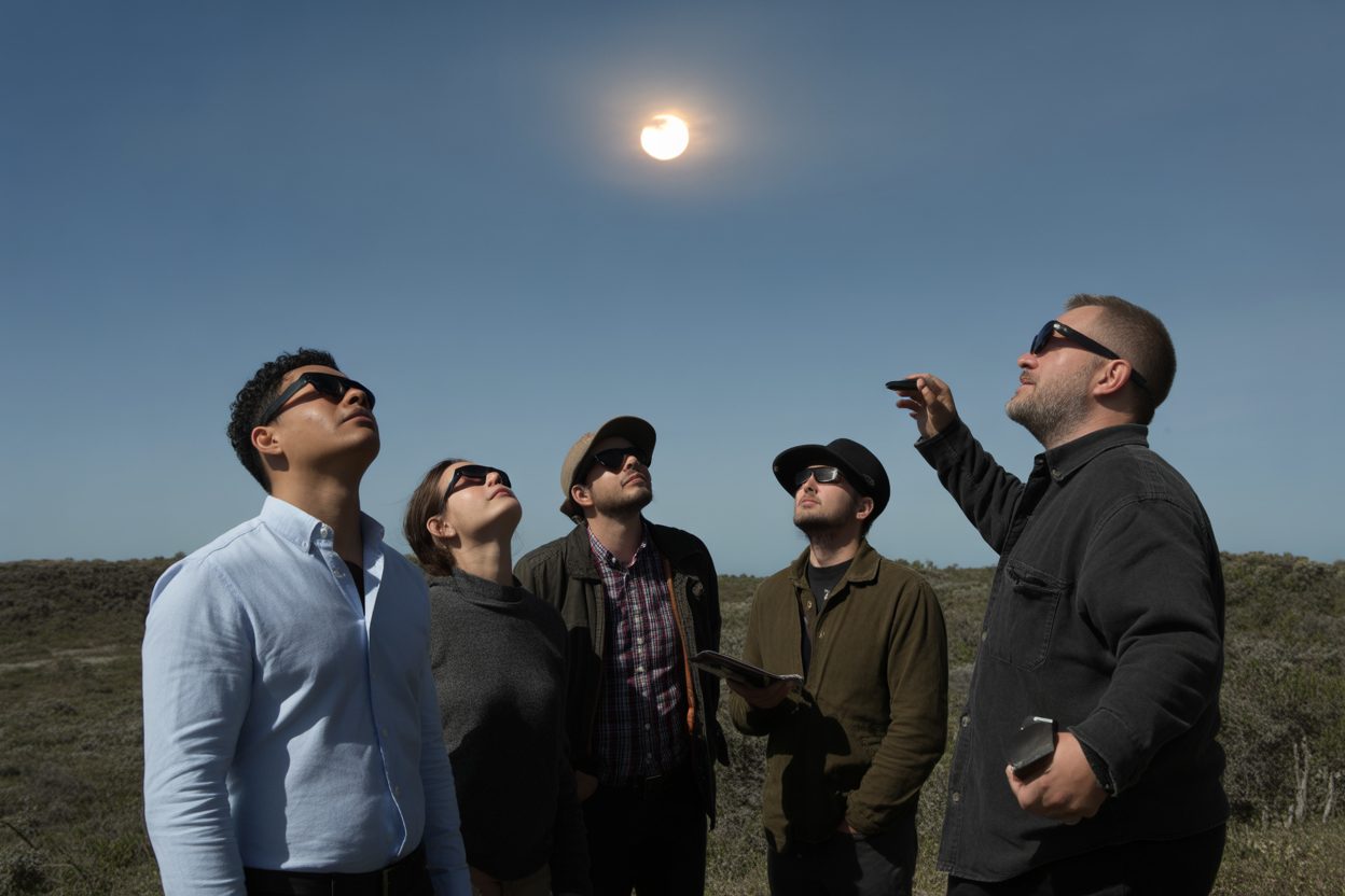Éclipse du 12 août : où monter dans les Pyrénées pour la voir à 99 % Observateurs munis de lunettes de protection regardant le ciel lors d'un phénomène astronomique