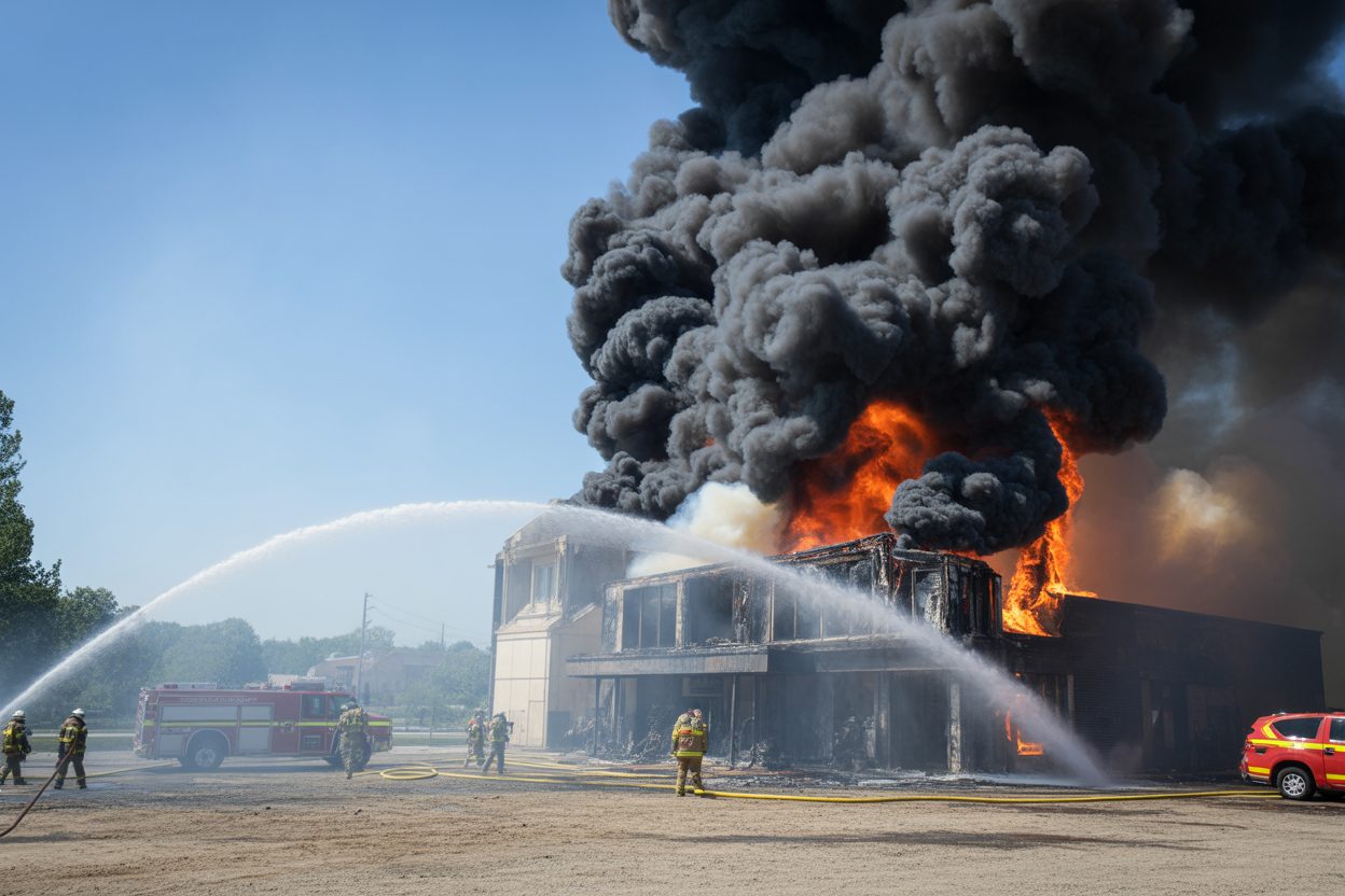 Ajaccio : la paillote du Week-End détruite par un incendie criminel, le 80e restaurant visé en dix ans Restaurant ravagé par les flammes, fumée noire s'échappant du bâtiment sinistré