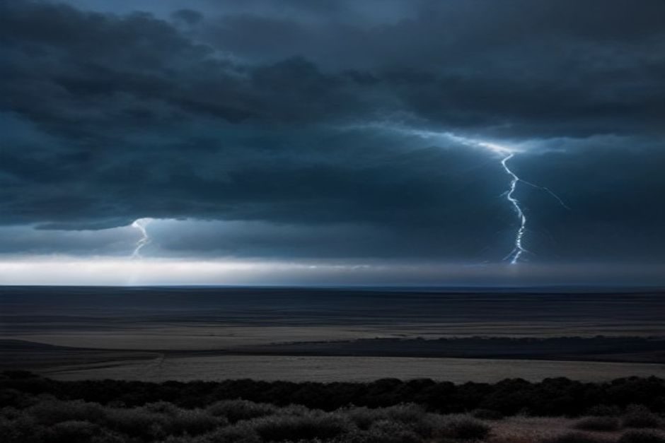 Ciel orageux avec nuages sombres et pluie intense sur un paysage méditerranéen