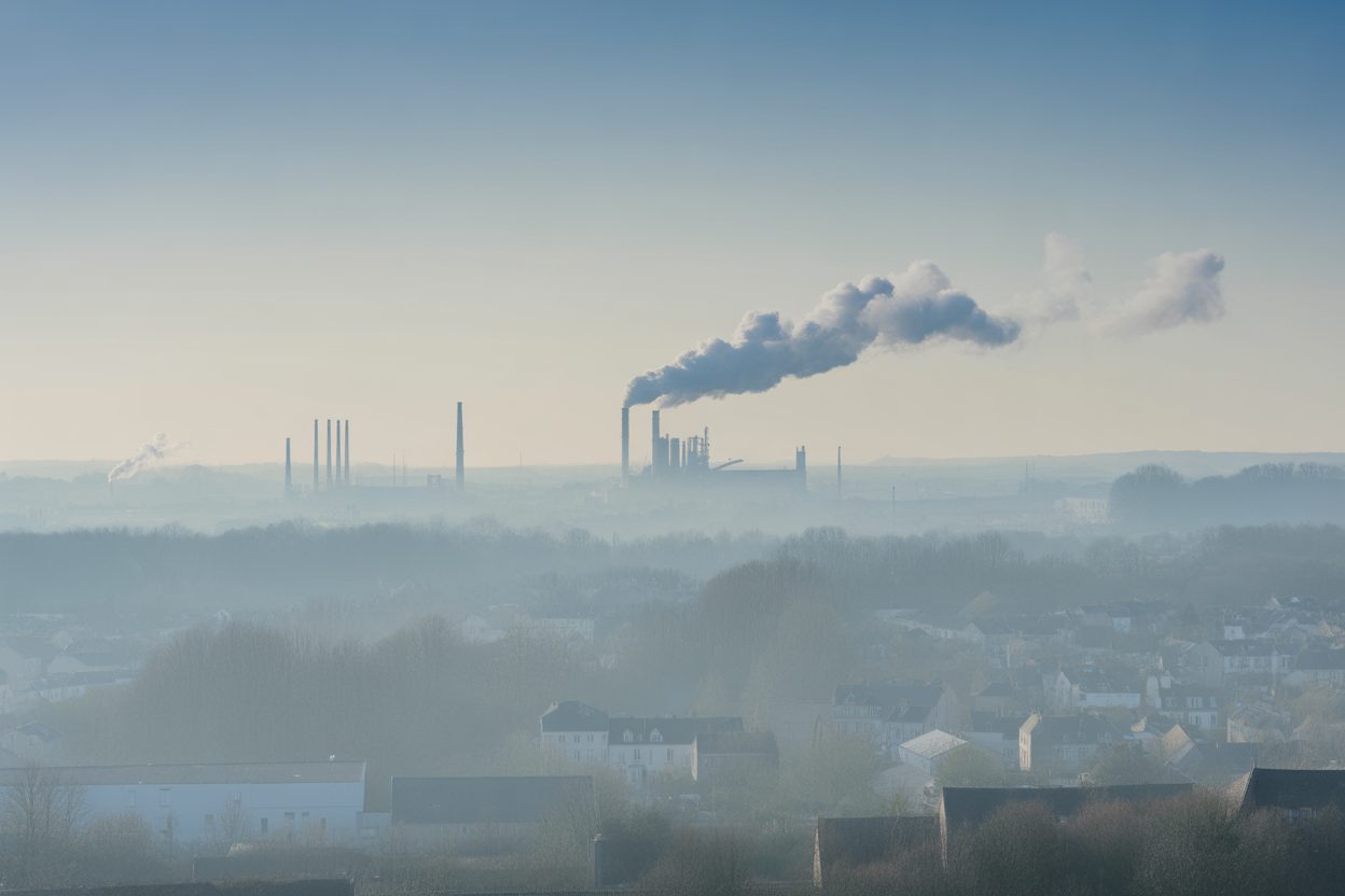 Alerte ozone en Normandie : l'air devient mauvais ce 12 août 2026 dans toute la région Brume épaisse et fumées industrielles voilant le paysage urbain et les installations de production
