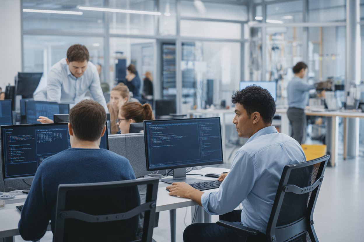 Équipe de développeurs travaillant dans un espace de bureau technologique contemporain