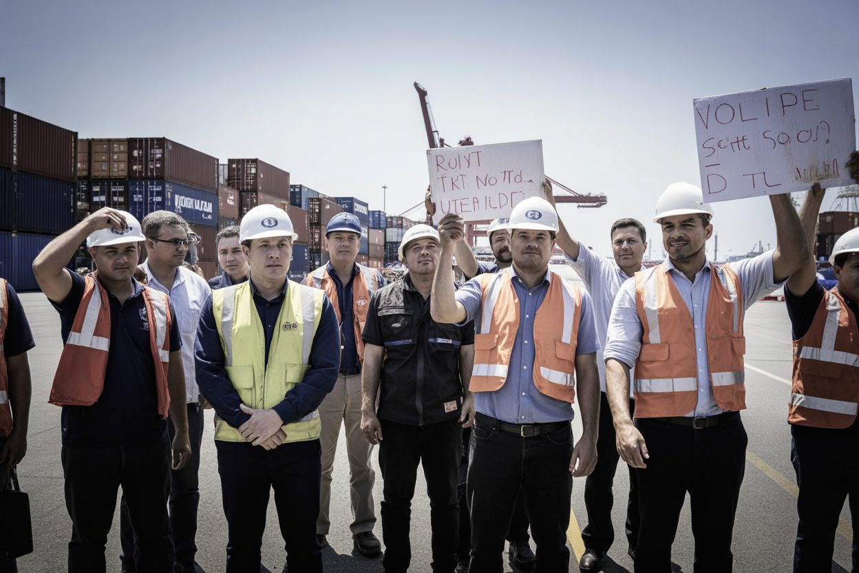 Dockers rassemblés sur le port lors d'une manifestation pour réclamer le paiement de salaires