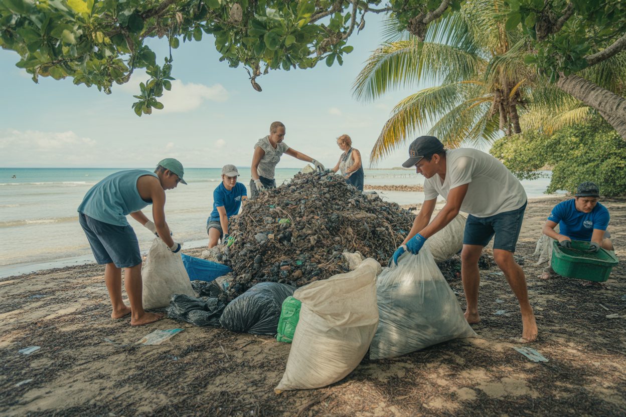 Anse Meunier : 30 m³ de déchets ramassés après les after-yoles du 2 août Bénévoles ramassant et triant des déchets sur une plage de sable fin, en bord de mer tropicale