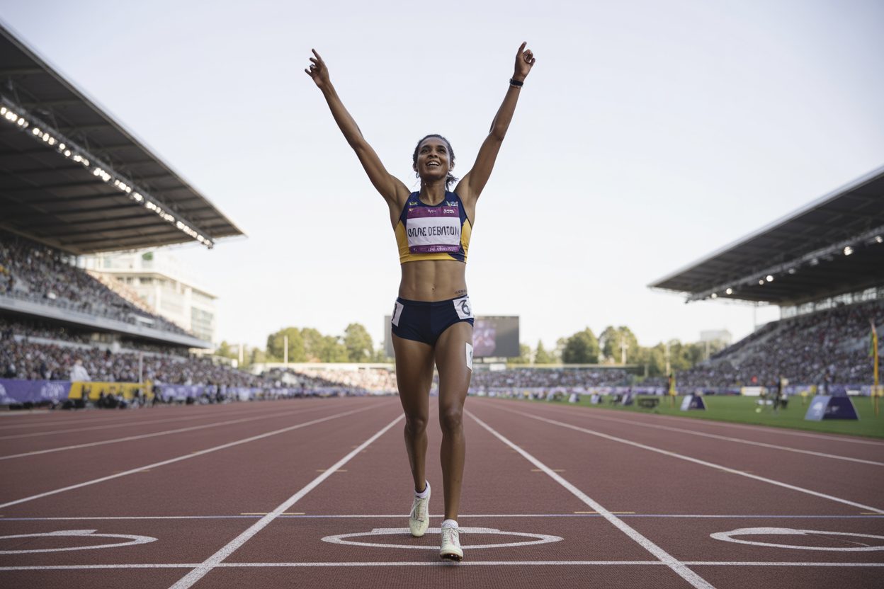 Après dix ans de tunnel, Hilary Kpatcha décroche le bronze européen à 6,98 m et sort de l'ombre Athlète féminine franchissant la ligne d'arrivée les bras levés en signe de victoire