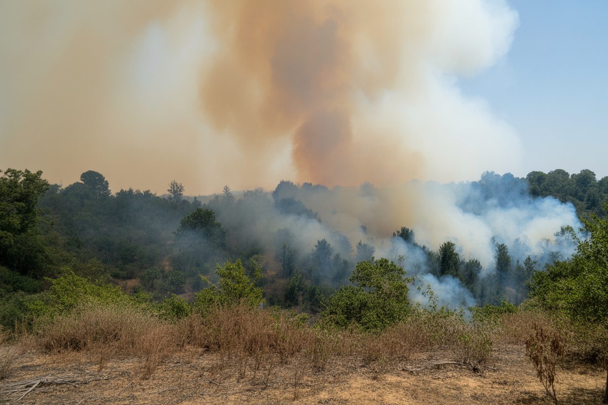 Ardèche et Drôme en alerte orange feux de forêt : la canicule fait monter le risque Fumée s'échappant d'une forêt sous un ciel voilé par les brumes de combustion