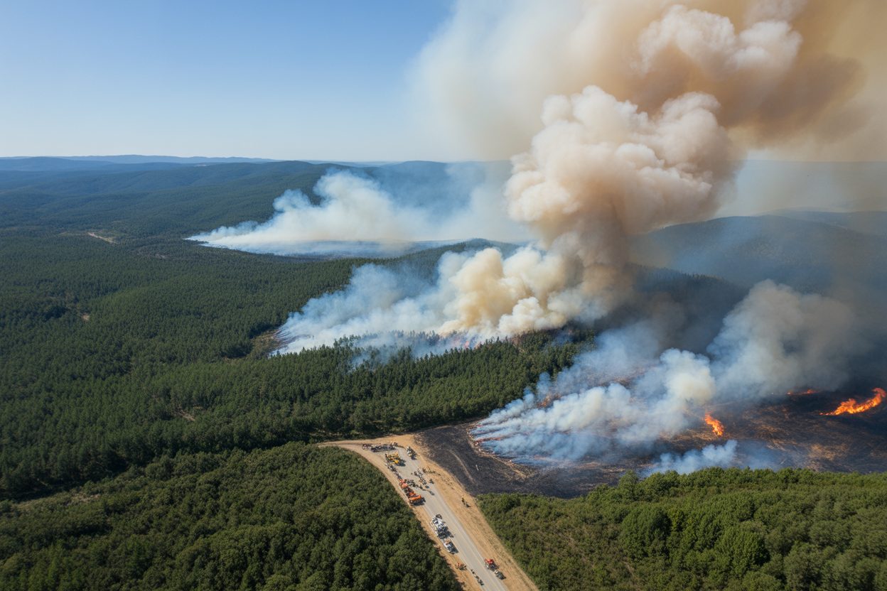 Ardèche et Drôme en vigilance orange feux de forêt : sept départements d'Auvergne-Rhône-Alpes surveillés Panaches de fumée s'échappant de plusieurs foyers d'incendie dans une région forestière montagneuse