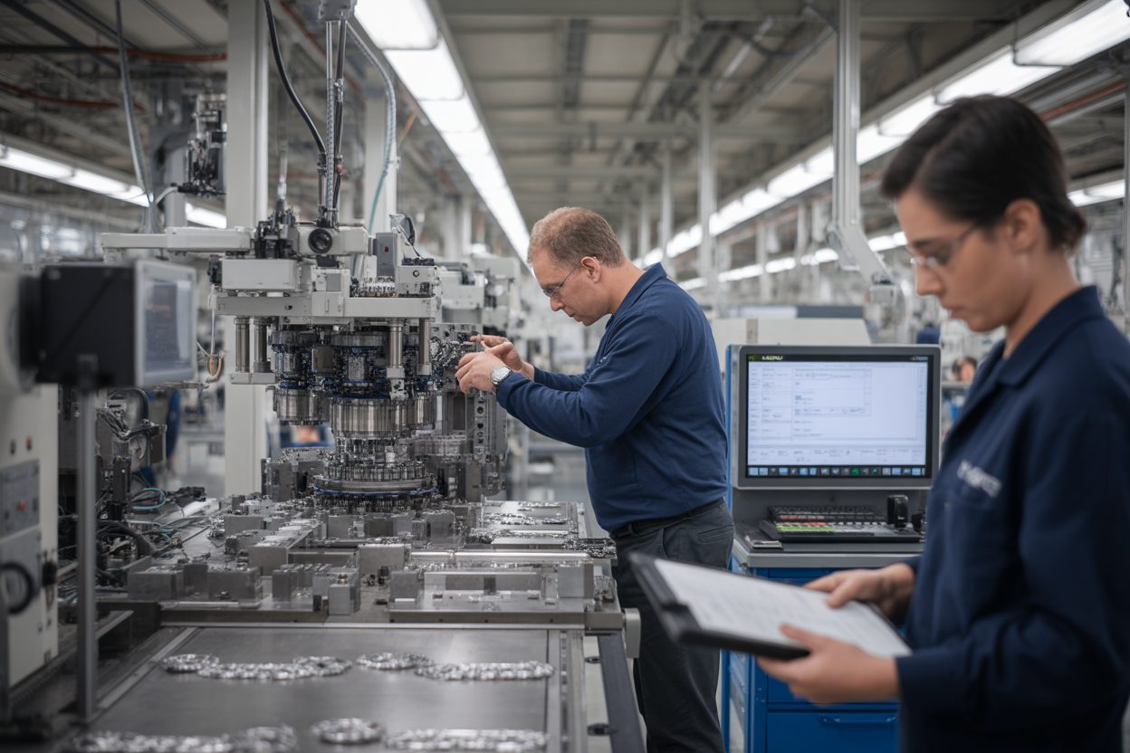 Chaîne de production dans une usine de défense, avec ouvriers qualifiés assemblant des composants technologiques