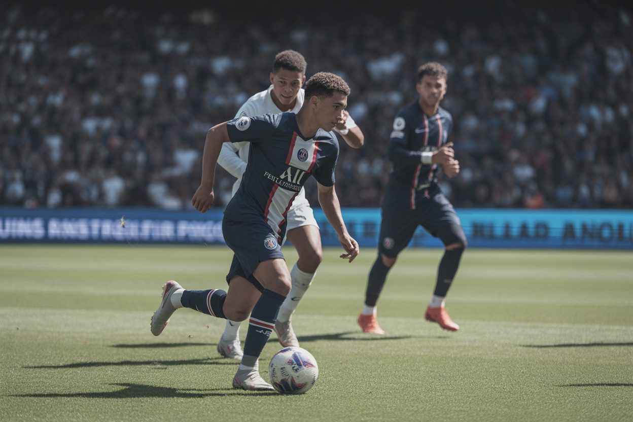 Arsenal renonce à Barcola et mise tout sur Vinicius Jr : PSG valorise le Français 145 millions, Liverpool fonce Jeune footballeur en maillot de club lors d'une action de jeu en match officiel