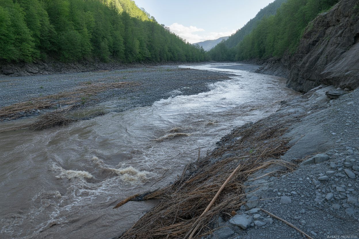Asco et Restonica : 60 baigneurs évacués, coulées noires après l'incendie de juillet Cours d'eau en crue avec eaux boueuses s'ecoulant dans une vallee apres des intemperies