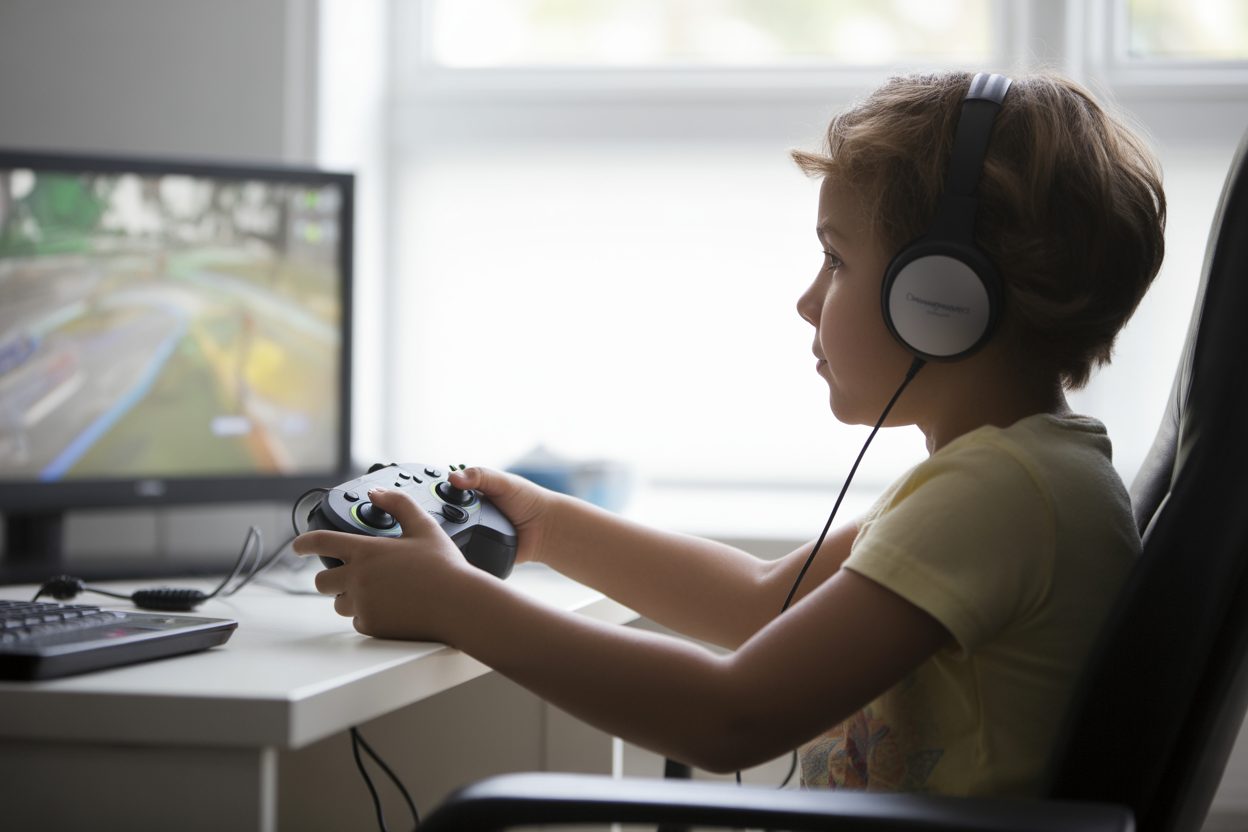 Au Japon, un jeu vidéo sur ordonnance traite le TDAH de l'enfant : 6 semaines de jeu, remboursé Enfant concentré devant un écran de jeu vidéo, manette en main, dans un cadre lumineux et apaisé