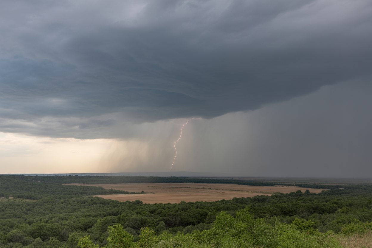 Auvergne-Rhône-Alpes : cinquième canicule de l'été, orages attendus ce dimanche pour mettre fin à la chaleur Ciel d'orage avec nuages sombres et éclair illuminant l'atmosphère tourmentée