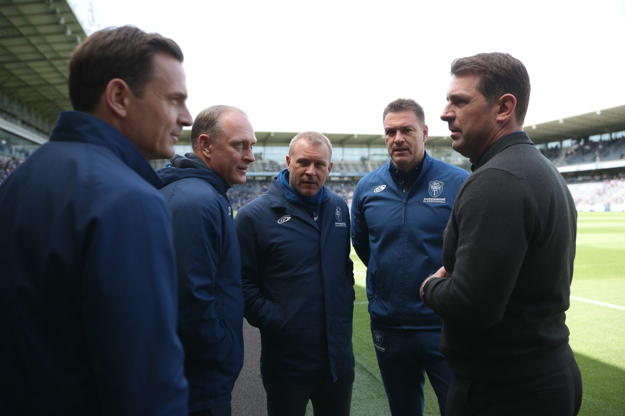 Barthez, Bettoni, Dupont : Zidane dévoile 22 noms et fait revenir deux champions du monde 1998 Membres d'un staff technique en discussion sur le bord d'un terrain de football