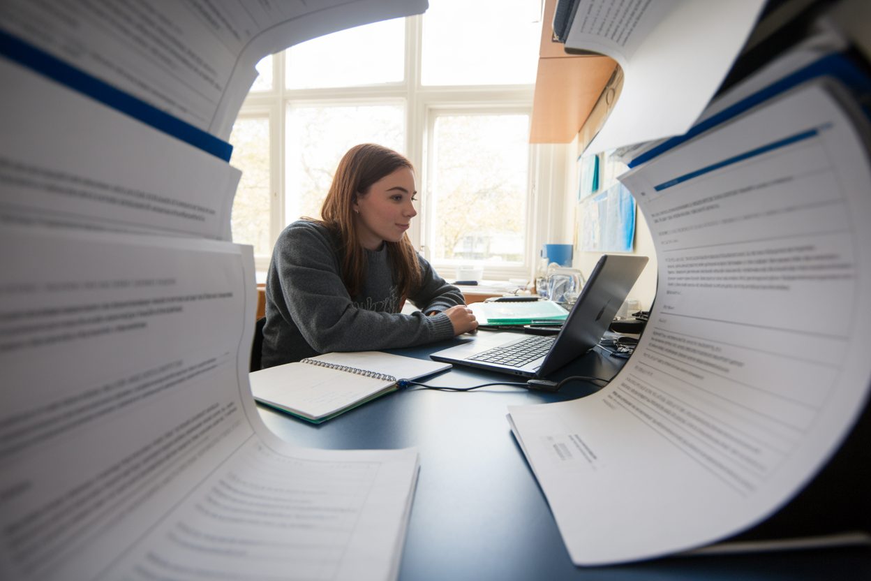 Étudiant travaillant sur son ordinateur portable avec documents scolaires sur son bureau