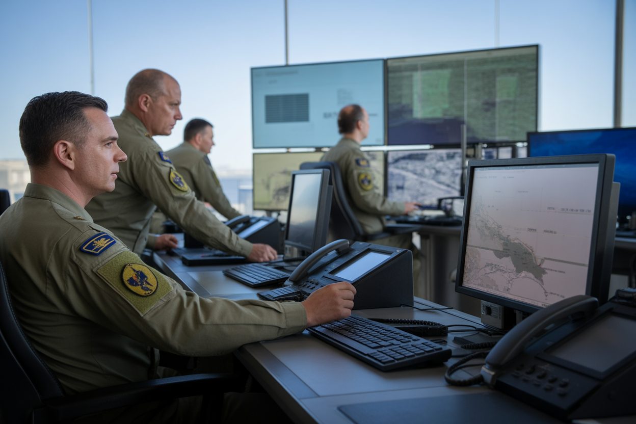 Centre de commandement militaire avec officiers surveillant des écrans tactiques et des données opérationnelles en temps réel