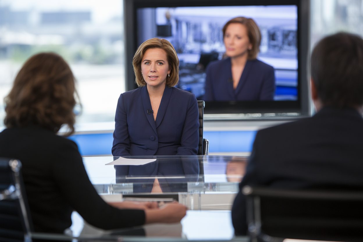 Présentateur en studio de télévision lors d'un bulletin d'actualités
