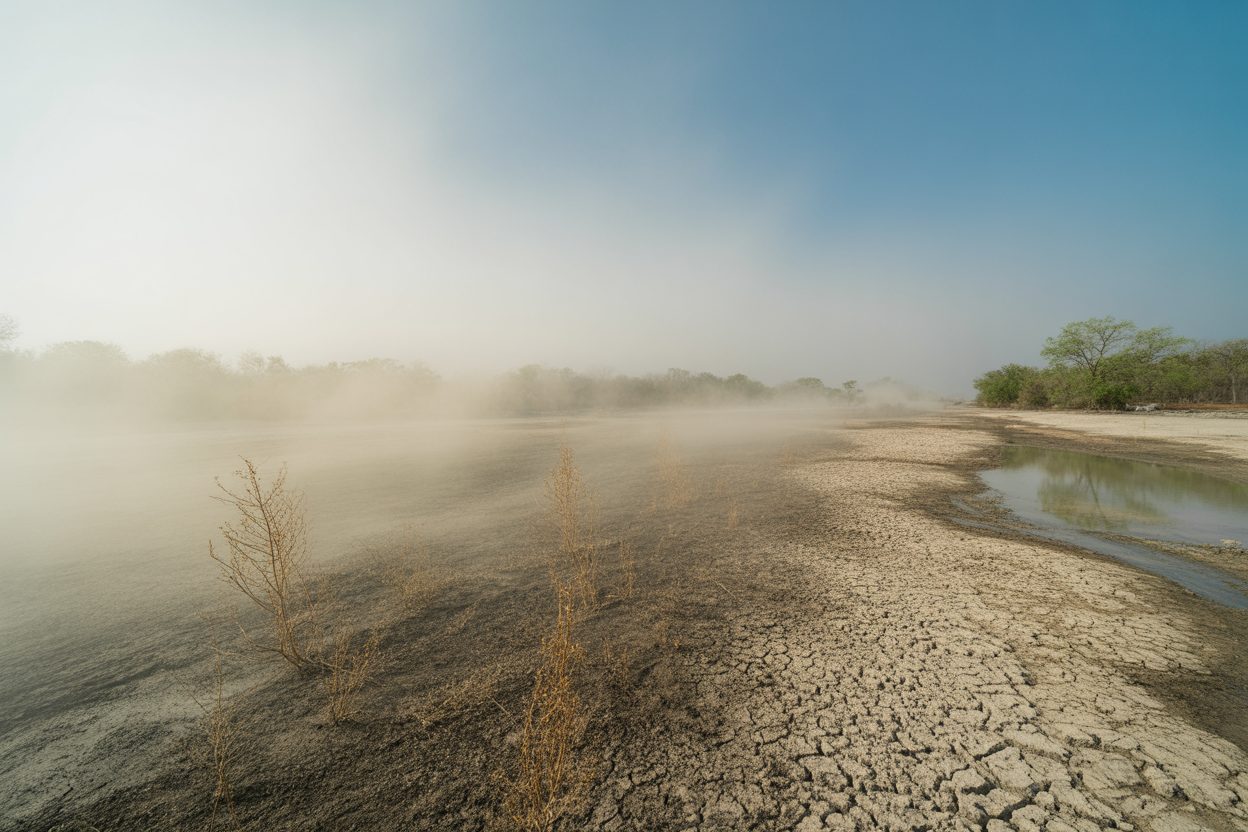Canicule en Auvergne-Rhône-Alpes : quatre départements toujours en alerte, 38°C attendus Paysage désertifié sous forte chaleur, terre fissurée et végétation desséchée